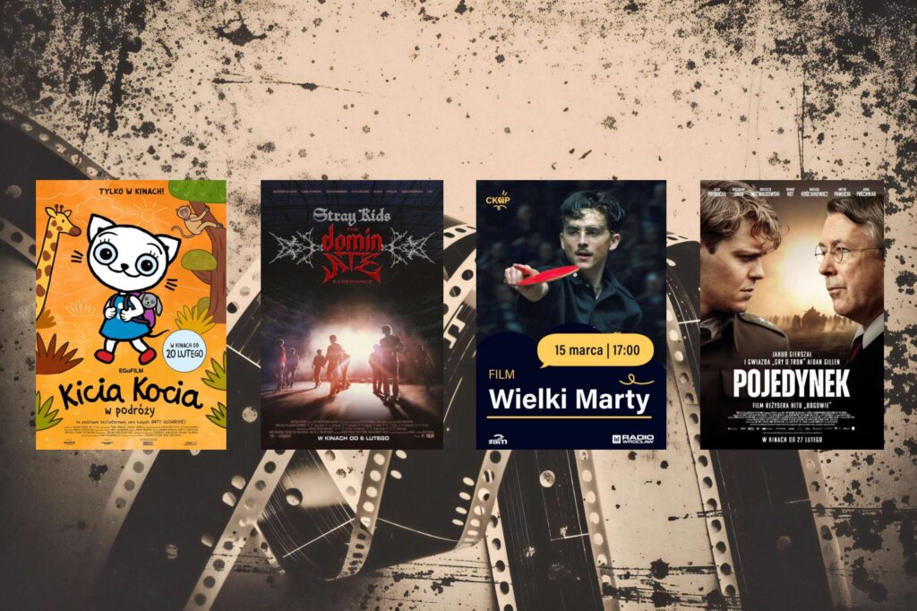 plakaty filmów jak "Kicia kocia w podróży", "Stray Kids: The dominATE Experience", "Wielki Marty", "Pojedynek"