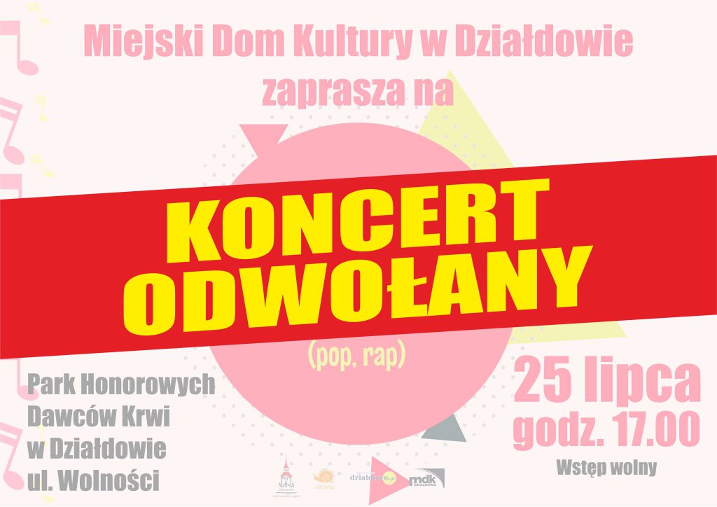 plakat koncertu z napisem „koncert odwołany”