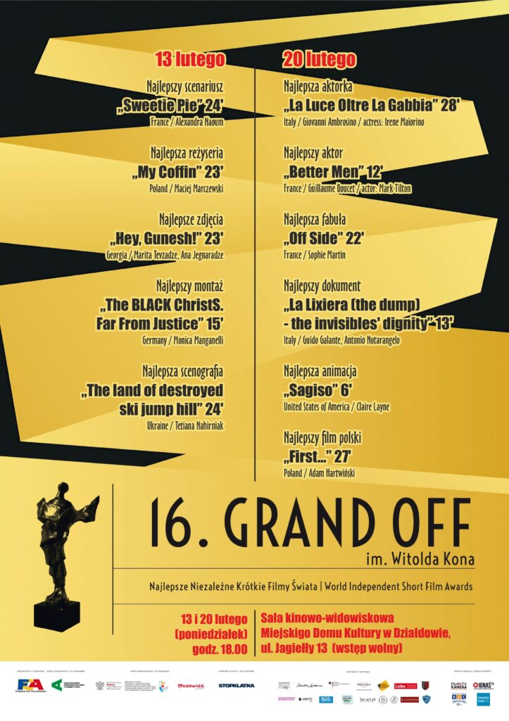 plakat informujący o pokazach filmowych Festiwalu GRAND OFF – 13 i 20 lutego w MDK, na plakacie znajdują się tytuły filmów, nazwa wydarzenia, loga patronów, sponsorów