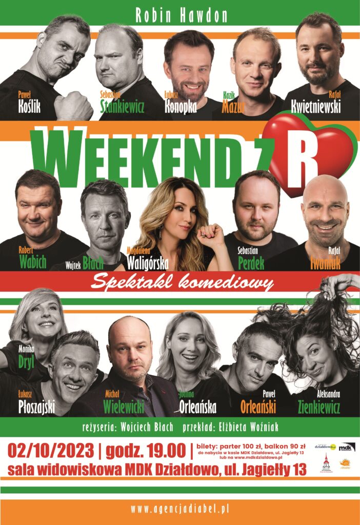 plakat informujący o spektaklu, treść i zdjęcia występujących aktorów