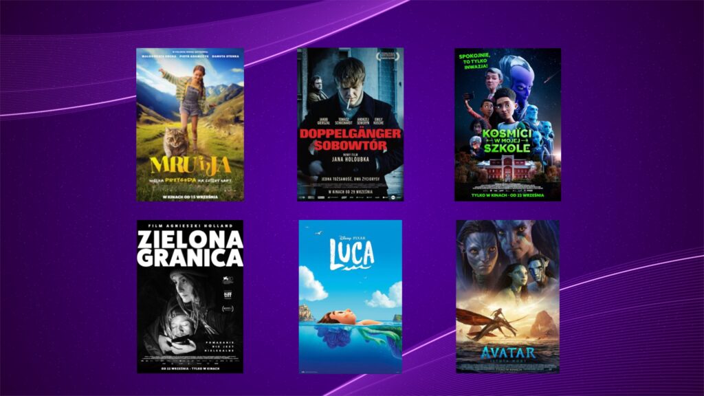 plakaty filmowe takich filmów jak: "Mru i ja: Wielka przygoda na cztery łapy", "Doppelganger. Sobowtór", "Kosmici w mojej szkole", "Zielona granica", "Luca", "Avatar: Istota wody"