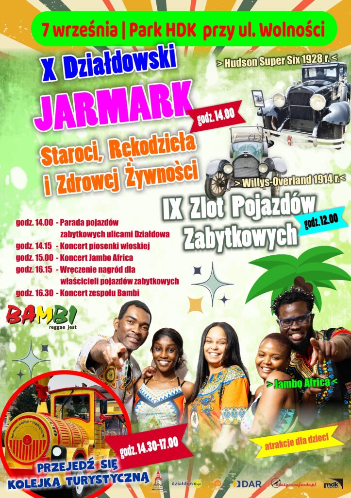 plakat informujący o X Działdowskim Jarmarku Staroci, Rękodzieła i Zdrowej Żywności oraz IX Zlocie Pojazdów Zabytkowych