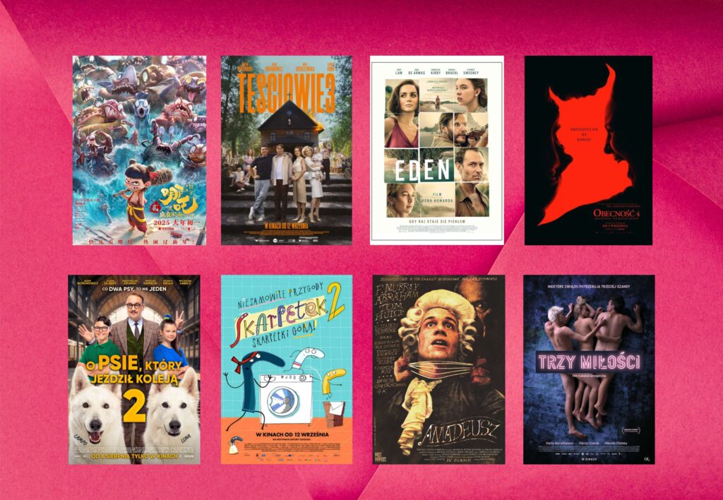 plakaty takich filmów jak: "Ne Zha 2. W krainie potworów", "Teściowie 3", "Eden", "Obecność: 4 Ostatnie namaszczenie", "O psie, który jeździł koleją 2", "Amadeusz", "Niesamowite przygody skarpetek 2. Skarpetki górą!", "Trzy miłości"