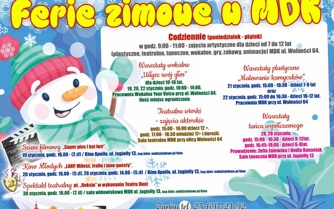 Zapraszamy na ferie zimowe z Miejskim Domem Kultury w Działdowie