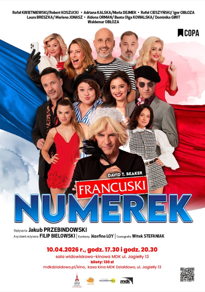 plakat informujący o spektaklu komediowym „Francuski Numerek”, który odbędzie się 10 kwietnia w MDK w Działdowie