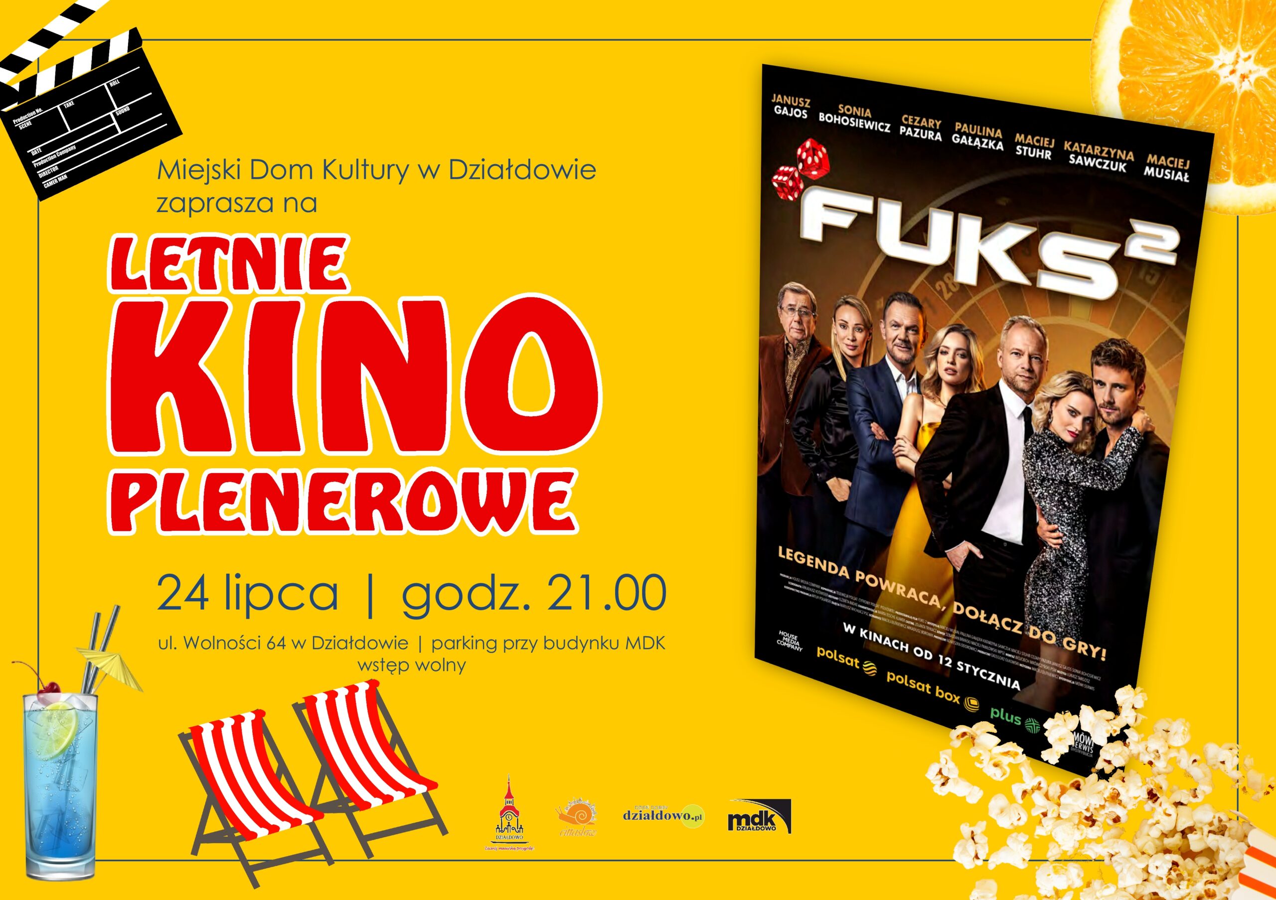 plakat zapraszający na Letnie Kino Plenerowe z MDK, widać też plakat filmu „Fuks 2”