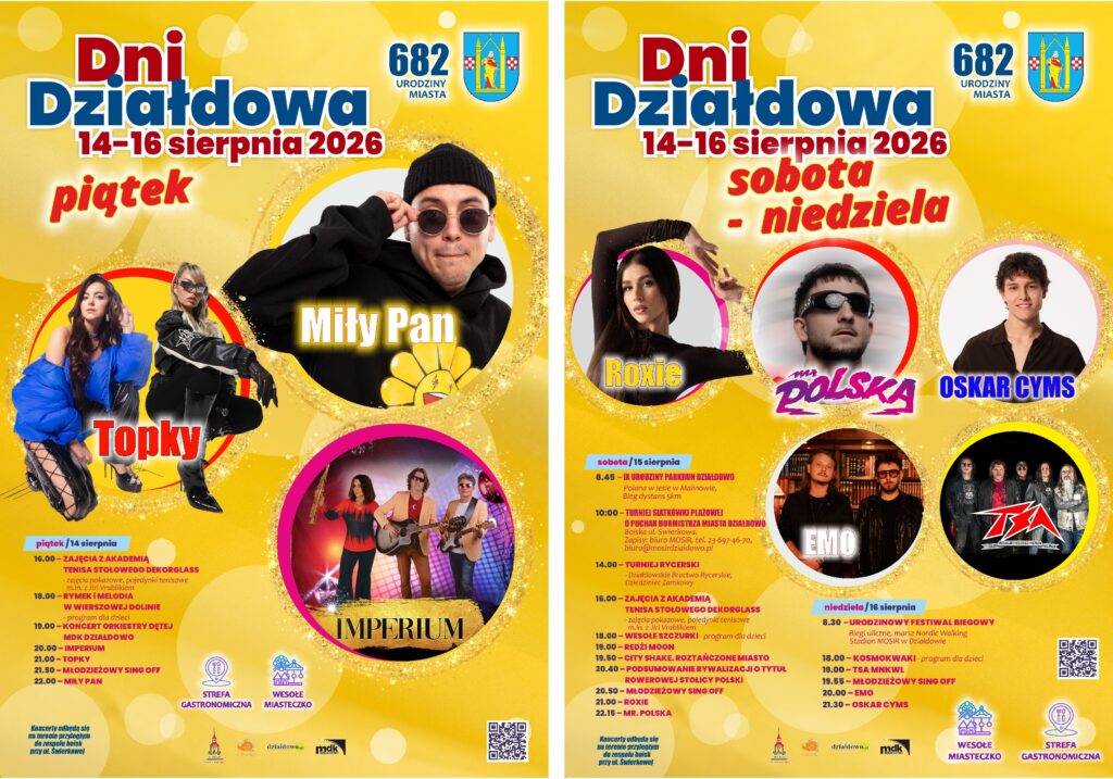plakat informujący o Dniach Działdowa 2026, treść i zdjęcia występujących artystów