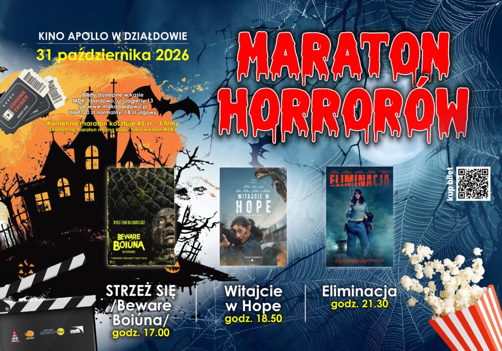 plakat informujący o maratonie horrorów w Kinie Apollo w Działdowie